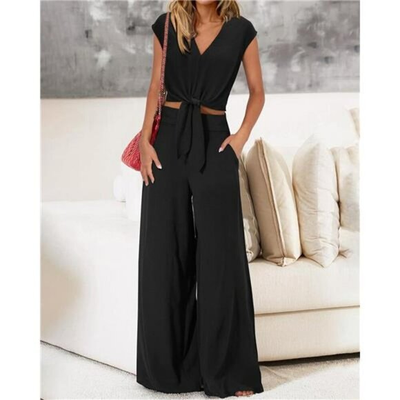 PRETTYGARDEN 2 Piece V Neck Crop Top Wide Leg Pant Set Summer Outfit Women - Picture 3 of 7